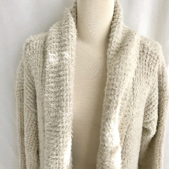 POL Women oatmeal Beige Fuzzy Knit Open Front Long Cardigan Pockets Medium - Picture 2 of 8